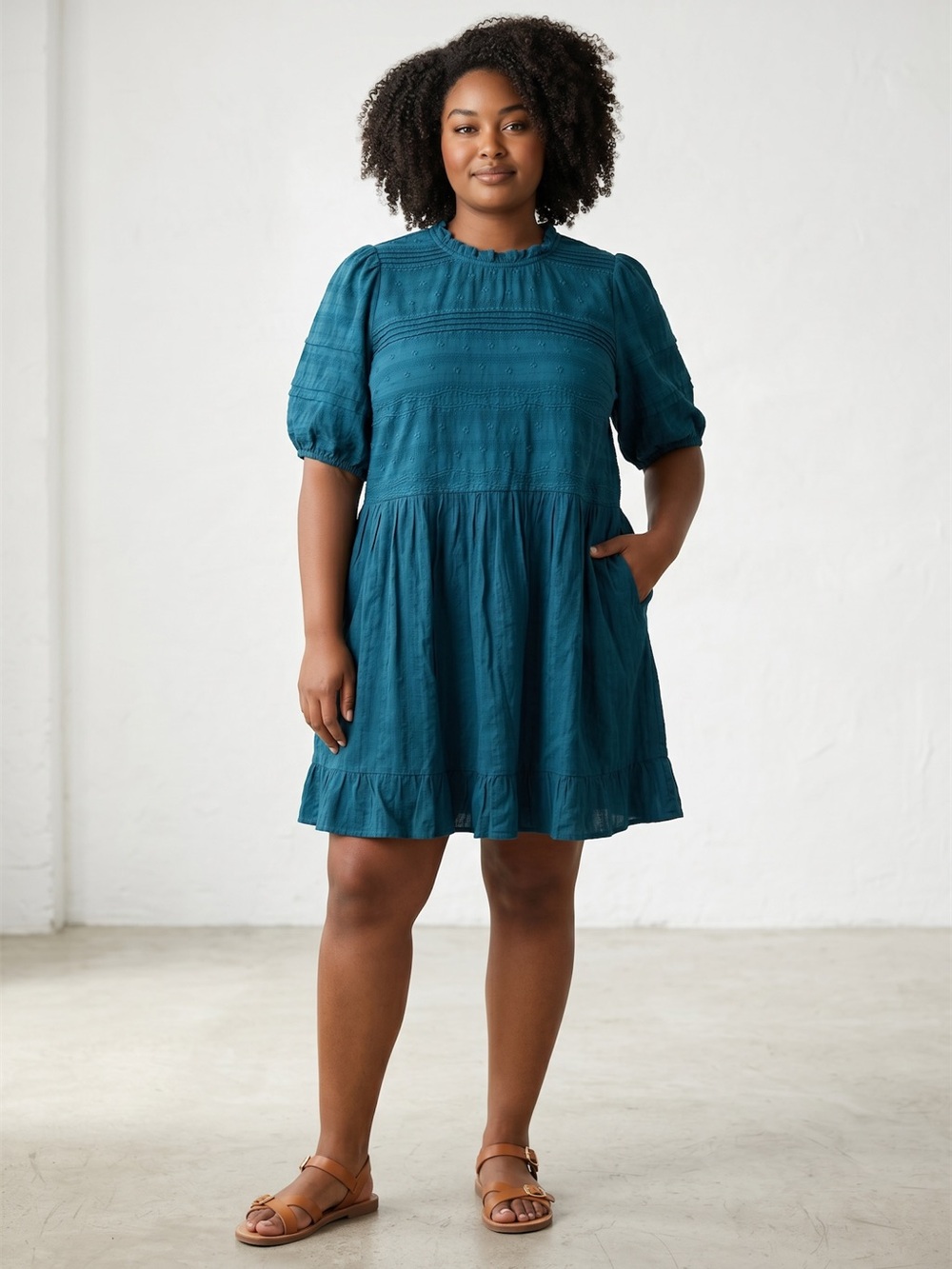 Universal Thread Teal Cotton Babydoll‎ Dress Embroidered Textured Ruffle Neck